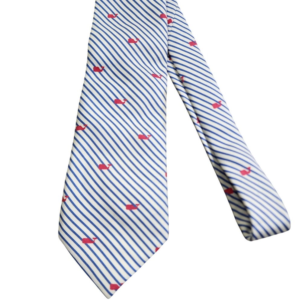 Vineyard Vines Mens Silk Tie Blue White Striped Pink Whale Logo Preppy USA